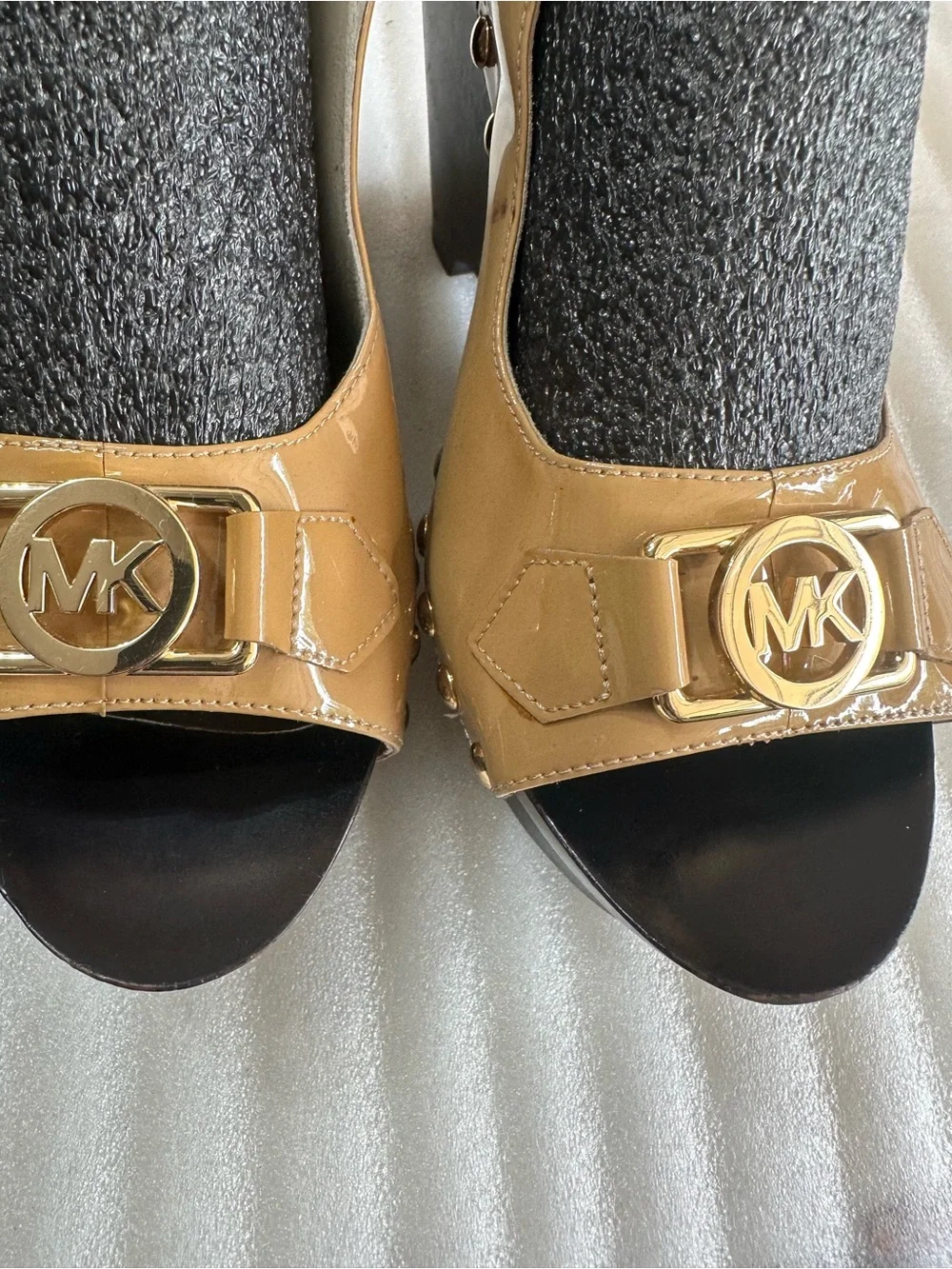 Michael Kors Tan Patent Wedge Sandals with Gold Stud Accents